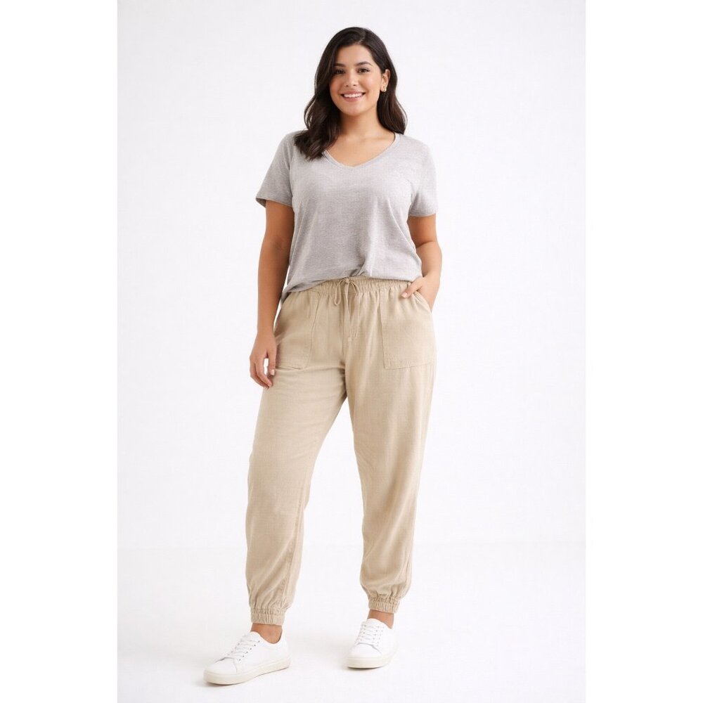 Beige Jogger Pants Cotton Rayon Elastic Waist Pockets Casual Lounge XL